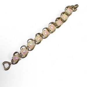Vntage Iridescent Panel Link Bracelet Gold Tone Faux Mother of Pearl Art Deco 7”